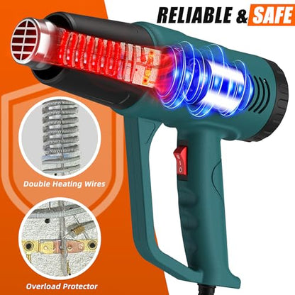 Heat Gun,10FT cable,Dual-Temperature Settings 572°F & 1112°F | 4 Nozzles,Overheat Protection, for crafting, shrink wrap, paint removal,resin,Car tinting - color: Green