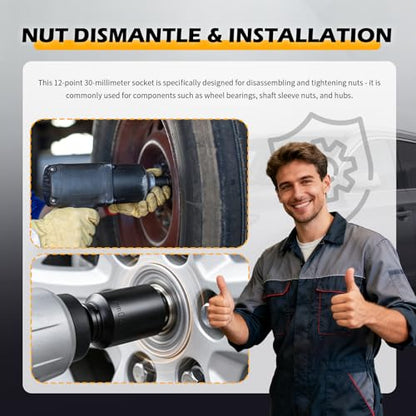 30mm Socket with 1/2" Drive,Anti-Slip 30mm 12 Point Axle Nut Socket for Axle Shaft Nut Dismantling & Installation,Professional Deep Impact Sockets Set for Impact Ratchet Wrench