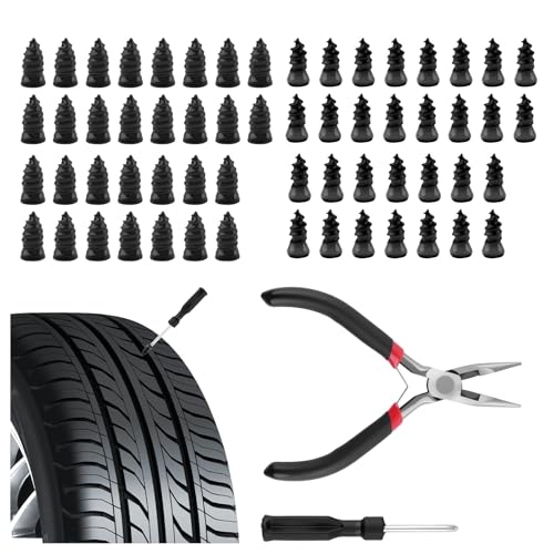 Aokdom 60PCS New Car Tire Repair Rubber Nail Kit,Emergency Screw Tire Plug Kit with 2 Sizes of Tires Repair Screws/Pliers/Screwdrivers,Self-Service Tubeless Vacuum Tires Plugs Screw Type