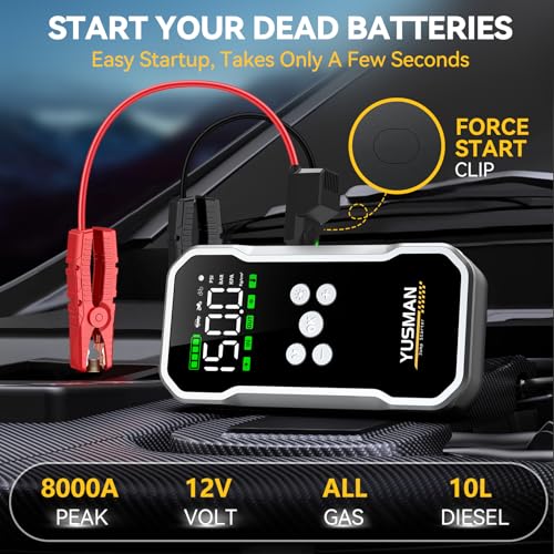 Jump Starter with Air Compressor, 8000A 160PSI Battery Booster Pack | For 12V vehicles, 10.0L gas and 7.0L diesel, with display, smart clamps, tire inflator, 2 USB-A ports, and 2 LED lights - size: F03