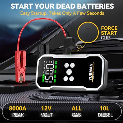 Jump Starter with Air Compressor, 8000A 160PSI Battery Booster Pack | For 12V vehicles, 10.0L gas and 7.0L diesel, with display, smart clamps, tire inflator, 2 USB-A ports, and 2 LED lights - size: F03