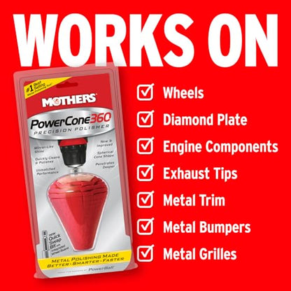 Mothers PowerCone 360, Polishing Tool with Quick Swap Bit (05146) | Patented Spherical Cone for Deep, Safe Metal Polishing in Hard-to-Reach Areas — Ideal for Wheels & Curved Surfaces - size: Single Unit