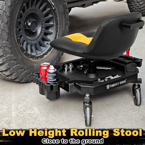 Rolling Stool with Wheels, Adjustable Height Pneumatic Garage Work Mechanic Stool Seat with Backrest, 400 LBS Capacity 360° Swivel Mechanic Crepper Chair with Tool Tray Storage, Yellow - color: Yellow