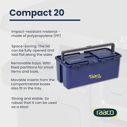 Raaco Tool Box with Removable Trays - 66 lb Load Capacity (Compact 20) | Durable Plastic Polypropylene (PP) Organizer with Handle, Stackable & Lockable, 66 lb Load Capacity (Compact 20) - accessory - style: Close
