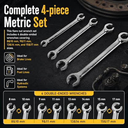 4PCS Double-ended Flare Nut Wrench Set,Offset Car Brake Line Wrench Set | with 8mm/10mm/9mm/11mm/13mm/14mm/15mm/17mm,Metric Car Flare Wrenches Sets Automotive Tools
