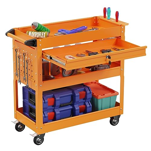 3-Tier Heavy Duty Utility Cart on Wheels, Rolling Tool Cart on Wheels with a Drawer, 350 Lbs Load Capacity Service Cart for Warehous, Garage and Repair Shop (Orange) - color: Orange