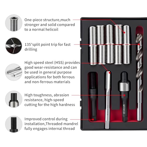 M11X1.5 Metric Thread Repair Kit with Insert HSS Drill, Tap, Counterbore, Installation Driver, 10PCS Stainless Steel Insert M11X1.5X30MM