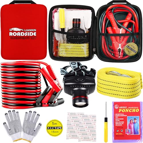 LIANXIN Roadside Emergency Kit Auto Safety Kit with Jumper Cables Headlamp | Gifts for New Drivers Storage Bag with Tow Rope, Gloves, Rainwear, Screwdriver,for Breakdowns, Travel and Winter Emergencies - color: Red