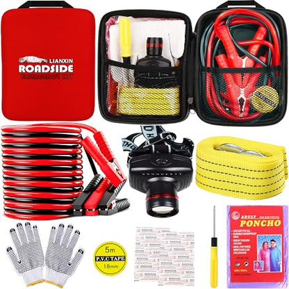 LIANXIN Roadside Emergency Kit Auto Safety Kit with Jumper Cables Headlamp | Gifts for New Drivers Storage Bag with Tow Rope, Gloves, Rainwear, Screwdriver,for Breakdowns, Travel and Winter Emergencies - color: Red