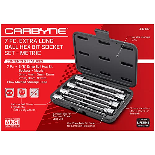 CARBYNE 7-Piece Extra Long Ball End Hex (Allen) Bit Socket Set, Metric 3mm to 10mm, 3/8 in. Drive, S2 Steel, CrV Sockets, Zinc Phosphate Bit Finish, 6.1 in. Length, Durable Case - style: Metric Hex, Ball-End