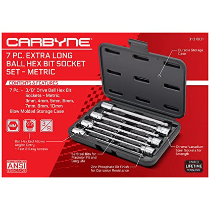 CARBYNE 7-Piece Extra Long Ball End Hex (Allen) Bit Socket Set, Metric 3mm to 10mm, 3/8 in. Drive, S2 Steel, CrV Sockets, Zinc Phosphate Bit Finish, 6.1 in. Length, Durable Case - style: Metric Hex, Ball-End