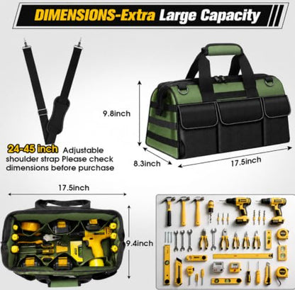 18-Inch Heavy Duty Tool Bag, 19-Pockets Tool Box Organizer, Portable Toolbag W/Soft Handle for Organized Storage, Mechanic Gifts for Men Dad Husband Fathers Day, Wide Mouth Electrician Toolbox, Green - style: 18Inch Handle-Green