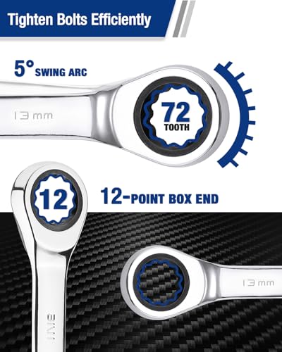 WORKPRO 13 mm Ratcheting Combination Wrench Metric, CR-V Constructed with Mirror Polish Chrome Plating, 12-Point Design, 15-Degree Offset - size: 13 mm, style: Mirror Polish