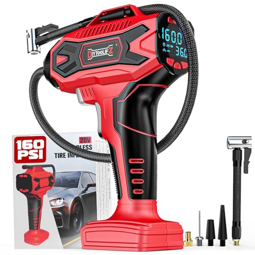DIYtoolifz 160PSI Cordless Tire Inflator Compatible With Milwaukee 18V Battery, Portable Air Compressor for Auto, Motorcycles, Bikes, Car Air Pump with Auto Shut-Off, LCD Display, LED Light(Tool Only) - color: Red-compatible With Milwaukee, size: 160 PSI