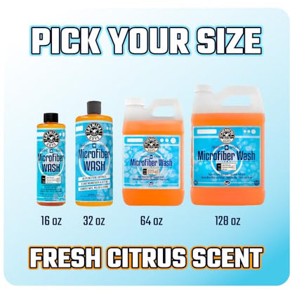 Chemical Guys Microfiber Wash Detergent, Concentrated, Fresh Citrus, 64 oz | Microfiber-safe concentrate for towels, mitts, and pads; lifts dirt, grease, and wax, restores softness, no softener needed - size: 64 Fl Oz (Pack of 1)
