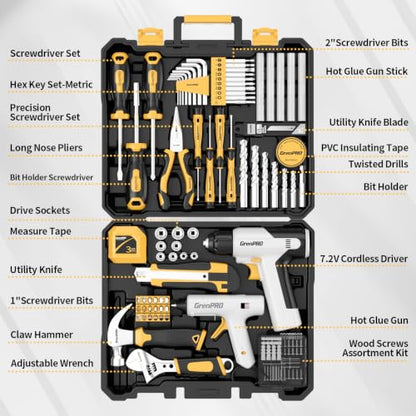 GRENPRO 188PCS Yellow Cordless Drill Tool Set For Men Tool Kit For Home Box | All-In-One Basic Household Tool Box, Glue Gun Accessories DIY, CR-V Steel, Sturdy Storage Case Auto Repair Kit For Men - style: Yellow Power Drill Set 188PC