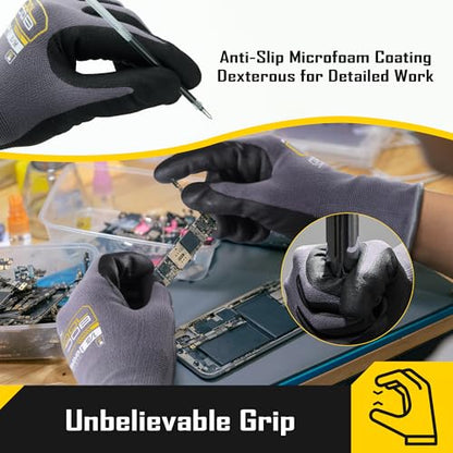 COOLJOB 3/12/36 Pairs Safety Work Gloves Microfoam Nitrile Rubber Coated, Seamless Knit Nylon with Full Fingers Touchscreen, Grip Nitrile Dipped, Ideal for Warehouse, Home Improvement, Grey Large - size: Large, style: 3 Pairs