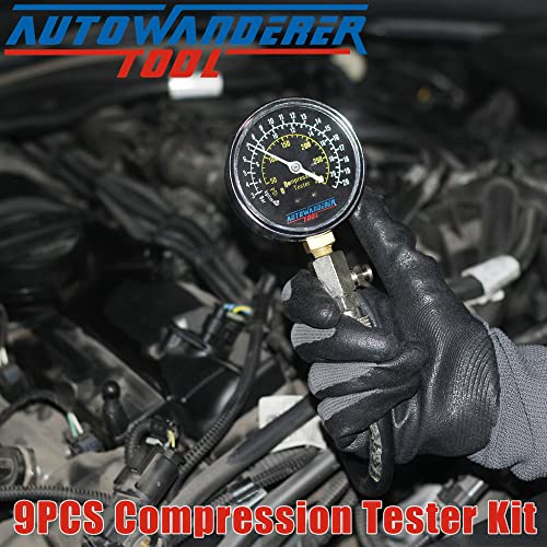 9Pcs Automotive Engine Compression Tester Kit for Small Engine, Fuel Pressure Gauge, Cylinder Leak Down Tester with Spark Plug Tester for Gas Petrol Engines - size: Gauge Set with Spark Plug Tester