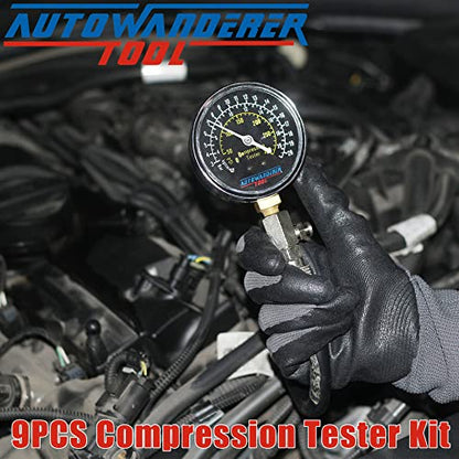 9Pcs Automotive Engine Compression Tester Kit for Small Engine, Fuel Pressure Gauge, Cylinder Leak Down Tester with Spark Plug Tester for Gas Petrol Engines - size: Gauge Set with Spark Plug Tester