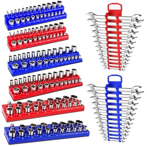 Magnetic Socket Organizer Set, 8PCS Socket Holder Organizer with 6 Socket Trays & 2 Wrench Racks, 1/4", 3/8", 1/2" Metric & SAE Tool Box Organizer for Garage, Toolbox, (Socket, Wrench not Included) - size: 8Pcs Socket Set