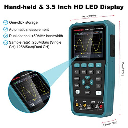 HANMATEK Handheld Digital Oscilloscope 50Mhz Bandwidth with 2 Channels HO52 3.5" TFT Mini Oscilloscope, 2 in 1 Oscilloscope and Multimeter, Backlit Screen, Auto-Calibration Function, Memory Function - style: 50 Mhz
