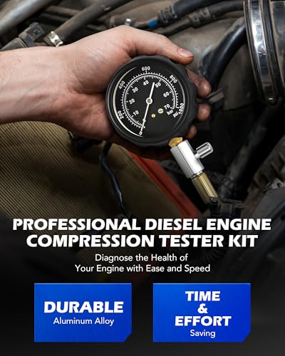 OMT 18pc Diesel Engine Compression Tester Kit, Adjustable Pressure Gauge | Premium Brass Core; Glow Plug Injector Adapters; Cylinder Leakage Diagnostics; Vehicle Repairs; For Professional Mechanics