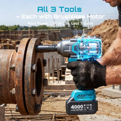 Seesii Power Tool Combo Kits,1000N.m Impact Wrench1/2, 3/8" 180N.m Impact Driver and 1/4" 50N.m Impact Drill, Brushless, 2 * 4000mAh Bartteris,Fast Charger,Impact Gun For Car Home DIY - color: Dark Blue 1000n.m + Two Batteries