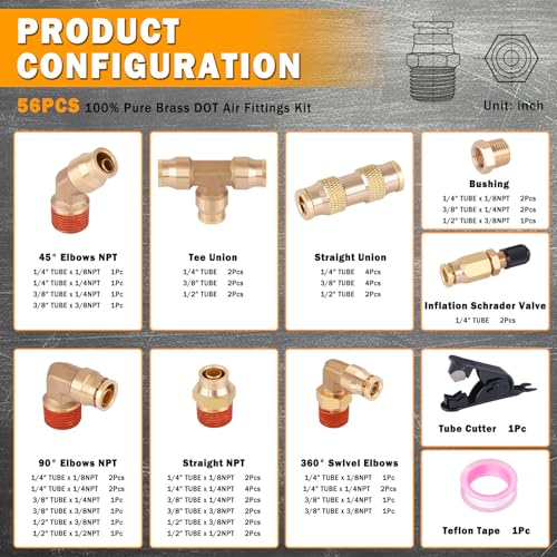 56 Pcs Brass DOT Air Line Fittings kit with Brass Bushings Push to Connect Fittings Push Lock DOT Air Fittings NPT Thread & Quick Connect Air Hose Fittings - color: Gold-56PCS