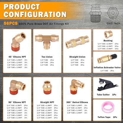56 Pcs Brass DOT Air Line Fittings kit with Brass Bushings Push to Connect Fittings Push Lock DOT Air Fittings NPT Thread & Quick Connect Air Hose Fittings - color: Gold-56PCS