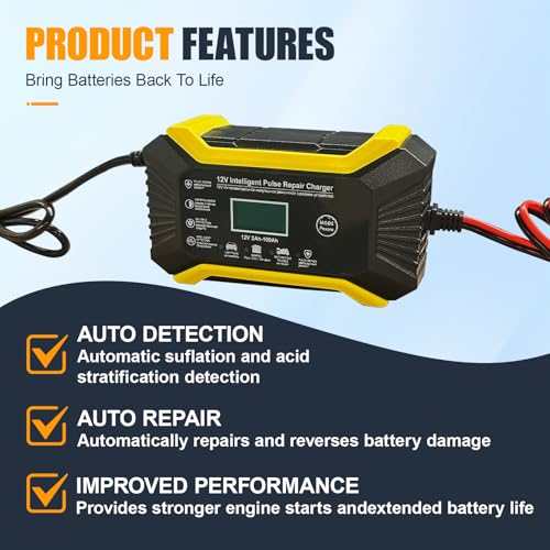 Car Battery Charger, 12V 6A Automatic Smart Battery Trickle Charger with LCD Display, Battery Maintainer Desulfator with Temperature Compensation, Universal for Car, Truck, SUV RV, Boat