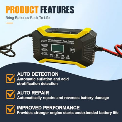 Car Battery Charger, 12V 6A Automatic Smart Battery Trickle Charger with LCD Display, Battery Maintainer Desulfator with Temperature Compensation, Universal for Car, Truck, SUV RV, Boat