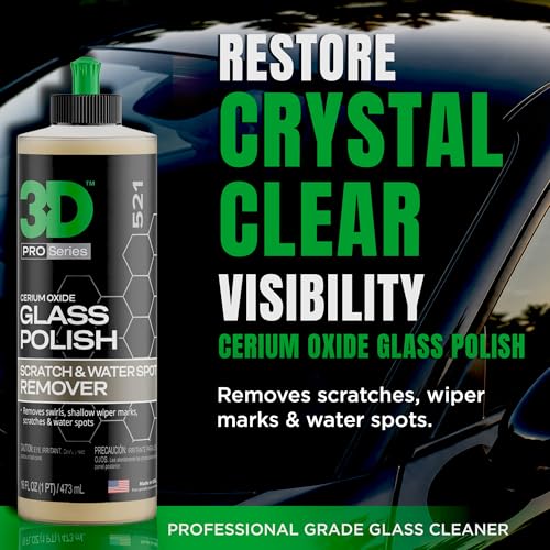 3D Glass Polish – Cerium-Oxide Based Window Polish, Light & Fine Glass Scratch Remover for Car Windows – Restores Clarity & Removes Wiper Marks, Swirls, Water Spots - 16oz