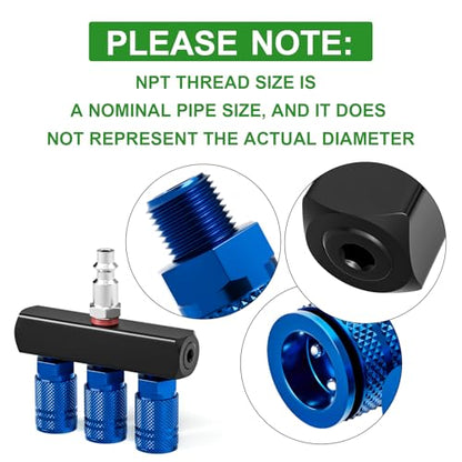 TAISHER 3-Way Straight Air Manifold 4 Ports Aluminum Industrial Pneumatic Air Compressor Quick Connect Socket In Line Type Air Hose Splitter with 3 Couplers and 1/4" Male NPT Plug