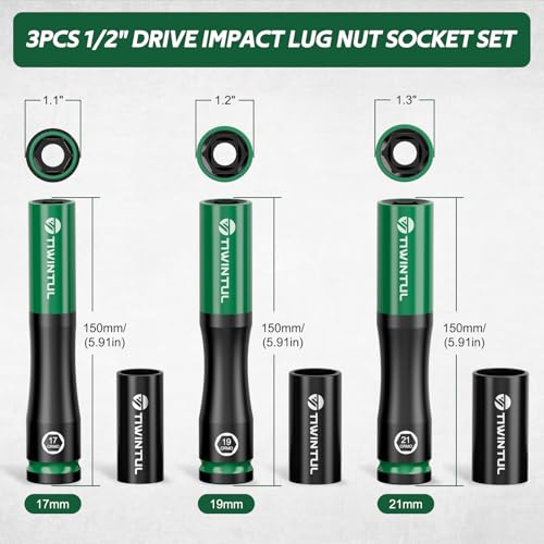 1/2" Extra Long Lug Nut Socket Set, 6Pcs Metric 17 19 21 mm | Non-Marring Wheel Protector, Impact Deep Socket Set, CR-MO Steel & 6-Point, Thin Wall 150mm, 3 Protective Covers, for Tire - size: 6 PCS(Metric)