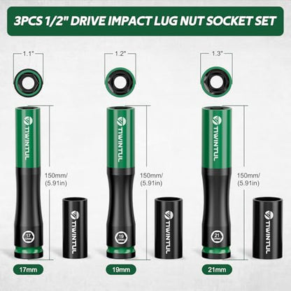 1/2" Extra Long Lug Nut Socket Set, 6Pcs Metric 17 19 21 mm | Non-Marring Wheel Protector, Impact Deep Socket Set, CR-MO Steel & 6-Point, Thin Wall 150mm, 3 Protective Covers, for Tire - size: 6 PCS(Metric)