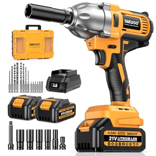 Takuoo Cordless Impact Wrench 1/2 Inch, Brushless Impact Gun 1200N.m (900ft-lbs) High Torque, 3300RPM w/ 2x 4.0Ah Battery, 6 Sockets/8 Drills/6 Screwdrivers, Power Electric Impact Wrench for Home Car