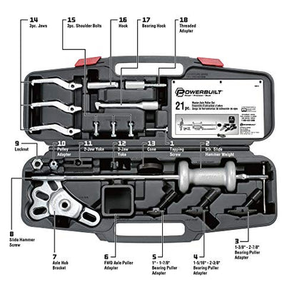 Powerbuilt Master Axle Puller Tool Set, Remove Car Front and Rear, Bearings and Seals, Vehicle Repair 21 Piece Kit - 648611, Silver - style: 21 Piece