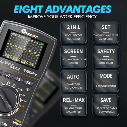 Portable Digital Multimeter Oscilloscope Automotive | 10MHz bandwidth. 50Msps sampling rate. 6000 counts display. Built in 250V explosion proof fuse. Stores 100 data sets. - color: ET828