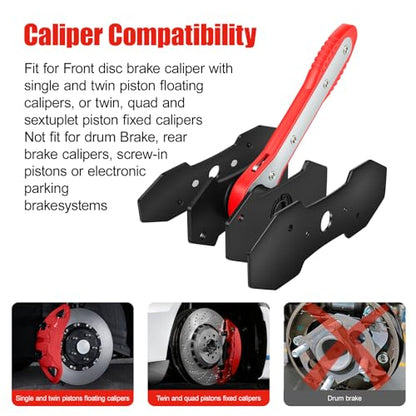 Brake Caliper Compression Tool, 360° Ratcheting Brake Pad Spreader | with 2 Strong Magnetic Plates & 4 caliper hangers, Fit for Front disc brake caliper of Cars, Trucks, and SUVs - color: Red