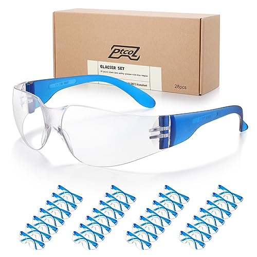 28 Pack Safety Glasses BLUE Frame (Bulk Pack of 24+4) Unisex Clear Anti-Scratch Protective Goggles Impact Resistant Lens Eyewear with ANSI Z87.1 Certified for Construction, Shooting and Laboratory - color: Blue Temple, size: 28 Pack Adult Size