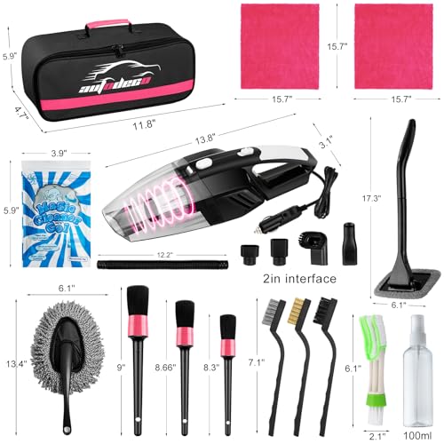 20Pcs Car Cleaning Wash Kit Interior Detailing Cleaner Kit with High Power Handheld Vacuum, Brush Set, Windshield Tool, Duster, Towels, Complete Car Care Tools, Pink - color: Pink, size: 20Pcs