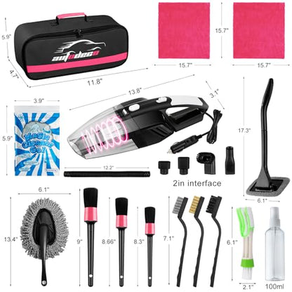 20Pcs Car Cleaning Wash Kit Interior Detailing Cleaner Kit with High Power Handheld Vacuum, Brush Set, Windshield Tool, Duster, Towels, Complete Car Care Tools, Pink - color: Pink, size: 20Pcs