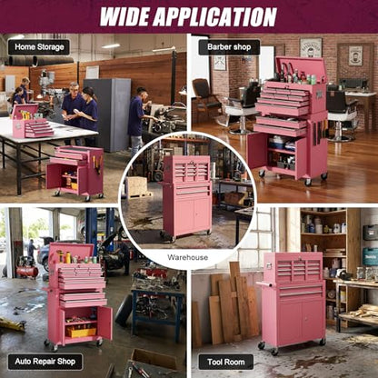 10-Drawer Rolling Tool Chest with Wheels, Rolling Tool Chest Heavy Duty, 2 in 1 Lockable Tool Box with Drawers, High-Capacity Mechanic Tool Organizer, Adjustable Shelf & Detachable Top Cabinet - color: Pink