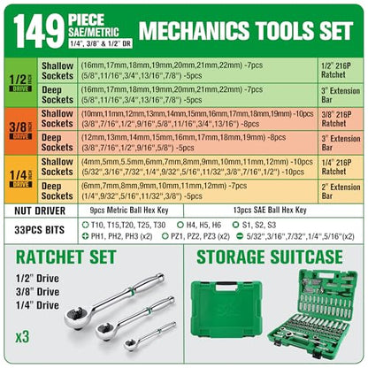 SK Mechanics Tool Set, 1/4'' & 3/8'' & 1/2'' Drive Sockets, SAE & Metric | 149-Piece Tool Kit with 216-P Quick-Release Ratchet, SuperKrome Finish, Heat Treated, with Storage Suitcase