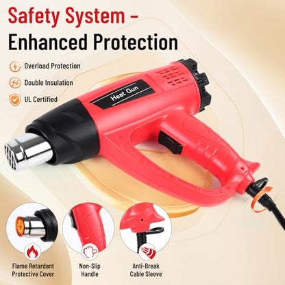 1800W Heat Gun for DIYers, Crafters & Electronics Repair – 140°F~1112°F Variable Temp, 1.5s Fast Heat, 5 Nozzles, 2 Scrapers, Overheat Protection, Hands-Free Stand | Shrink Tube, Resin, Vinyl Wrap - color: Red