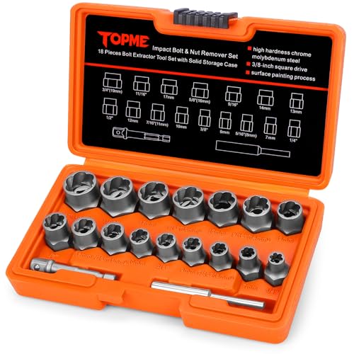 18 Piece Bolt Extractor Kit, 3/8" Drive Rounded Bolt & Nut Remover | Bolt Extractor Set with Hex Adapter-for Damaged, Frozen, Rusted Studs, Bolts, Nuts & Screws
