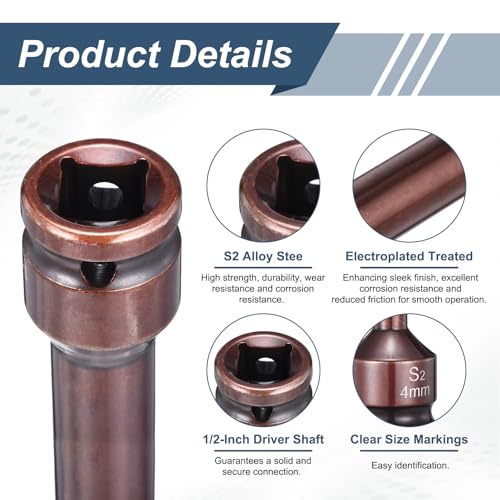 HARFINGTON 2pcs Impact Hex Bit Socket 1/2" Drive 4H (4mm) Hex Bits 6" Length S2 Steel Metric Impact Wrench Socket Adapter Tool for Automotive Repair Industrial Construction and Home DIY - size: H4 x 1/2" x 6"
