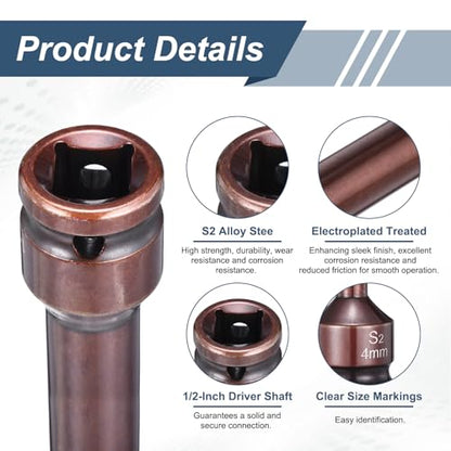 HARFINGTON 2pcs Impact Hex Bit Socket 1/2" Drive 4H (4mm) Hex Bits 6" Length S2 Steel Metric Impact Wrench Socket Adapter Tool for Automotive Repair Industrial Construction and Home DIY - size: H4 x 1/2" x 6"