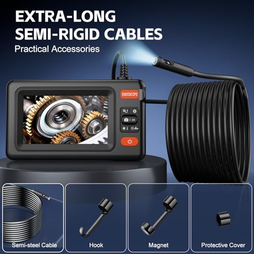 Dual Lens Endoscope Camera with Light, 1920P HD Borescope Camera with 4.3" LCD, 8 Adjustable LEDs, 16.4FT Semi-Rigid Cable & 32GB Card-IP67 Waterproof Inspection Borescope for Sewer/Drain/Pipe(Black)