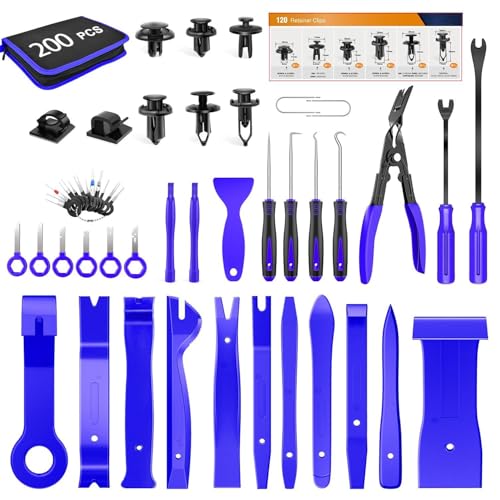 GOOACC 200Pcs Trim Removal Tool, Auto Push Pin Bumper Retainer Clip Set Fastener Terminal Remover Tool Adhesive Cable Clips Round Handle Crowbar Removal Kit Car Panel Radio Removal Auto Clip Pliers - color: 200Pcs Clips Removal Kit Blue